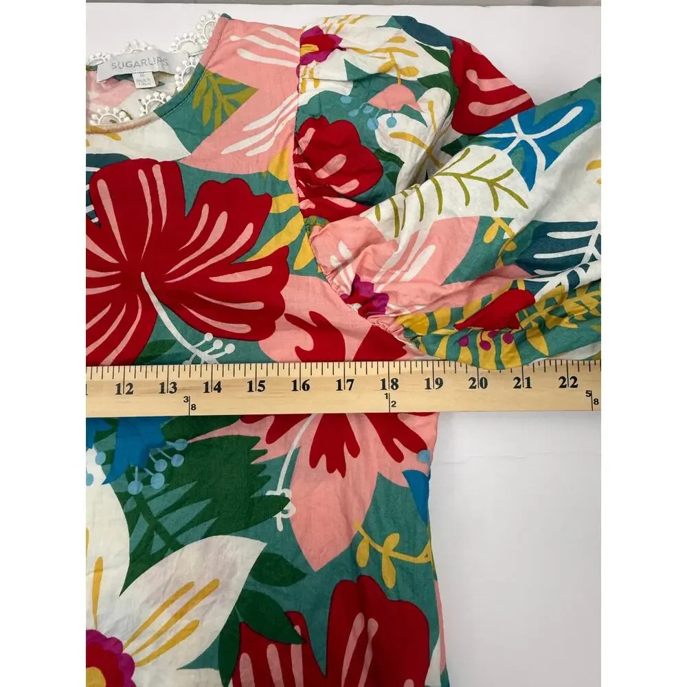 SUGARLIPS Tropical Puff Sleeve Blouse Floral Resort Statement Top M - Picture 6 of 8